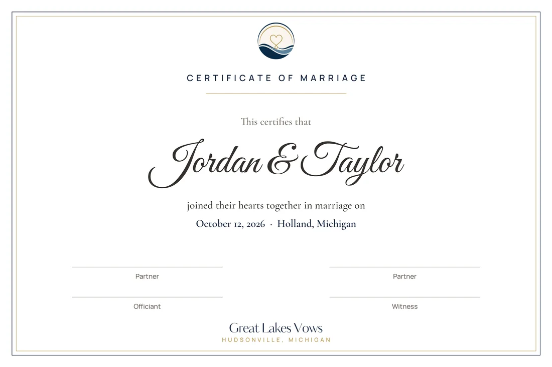 Certificate of Marriage in the Plain Elegant design, shown in a digital white mat and black frame