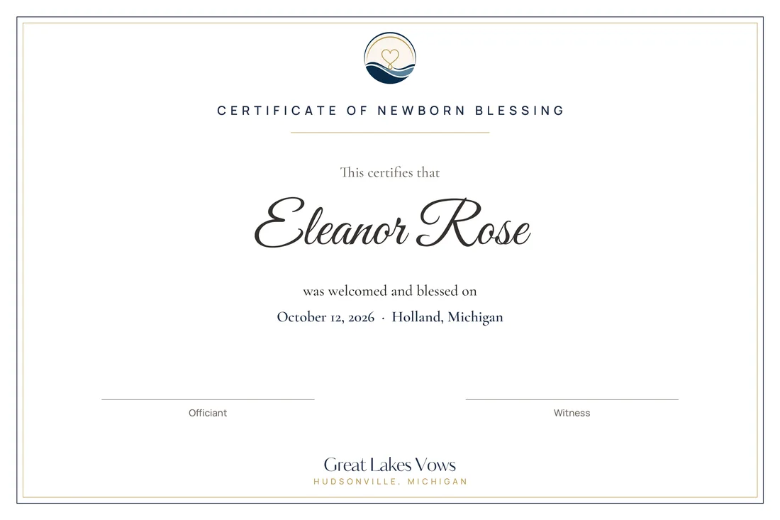 Certificate of Newborn Blessing in the Plain Elegant design, shown in a digital white mat and black frame