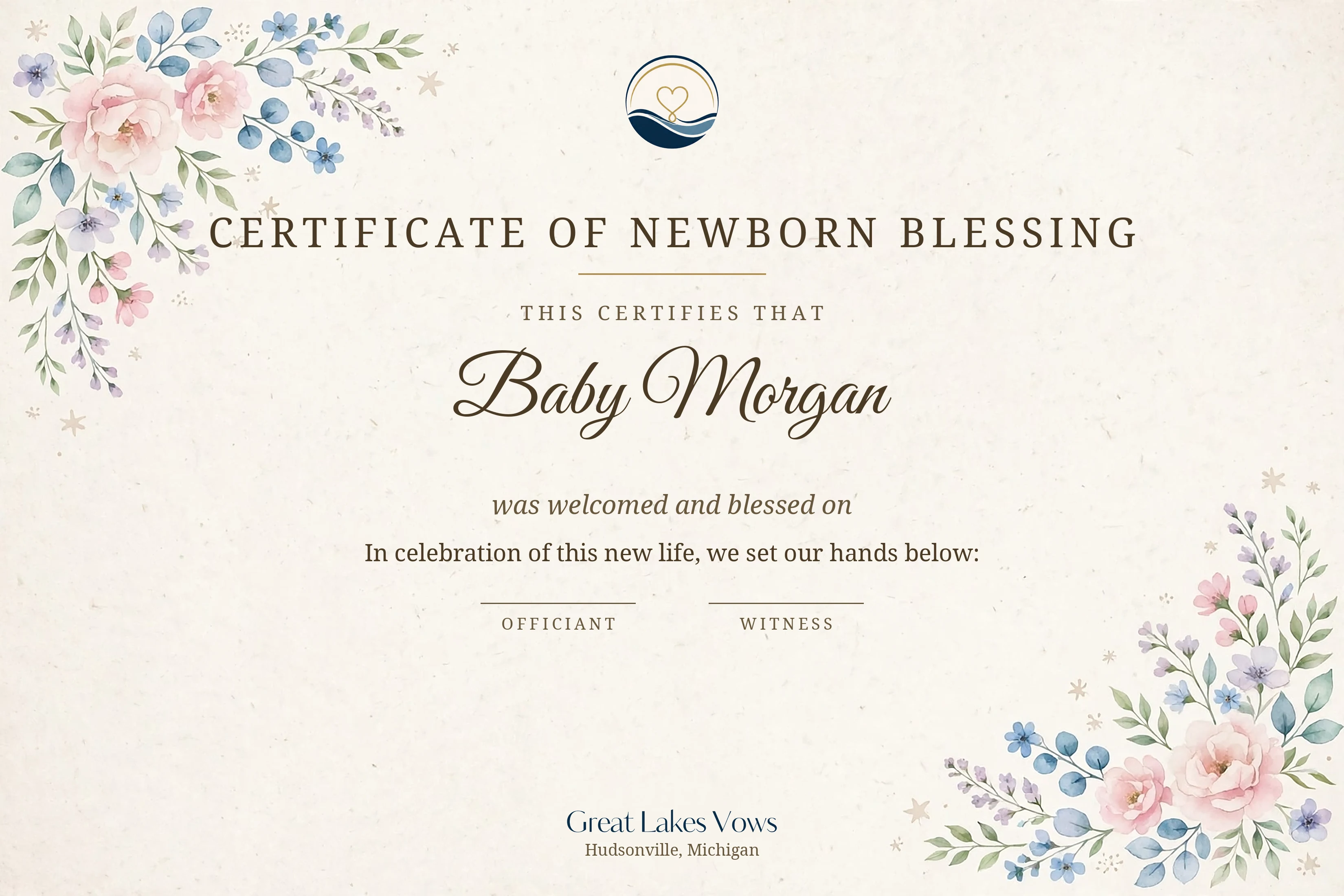 Certificate of Newborn Blessing displayed in a digital white mat and black frame mockup