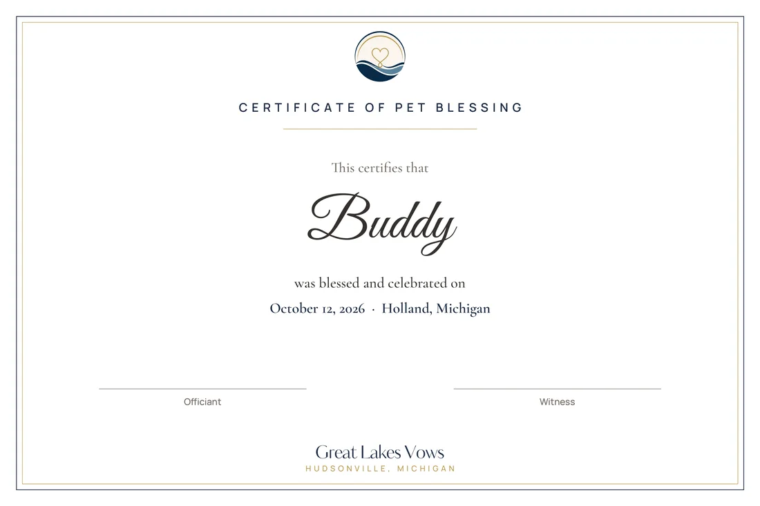 Certificate of Pet Blessing in the Plain Elegant design, shown in a digital white mat and black frame