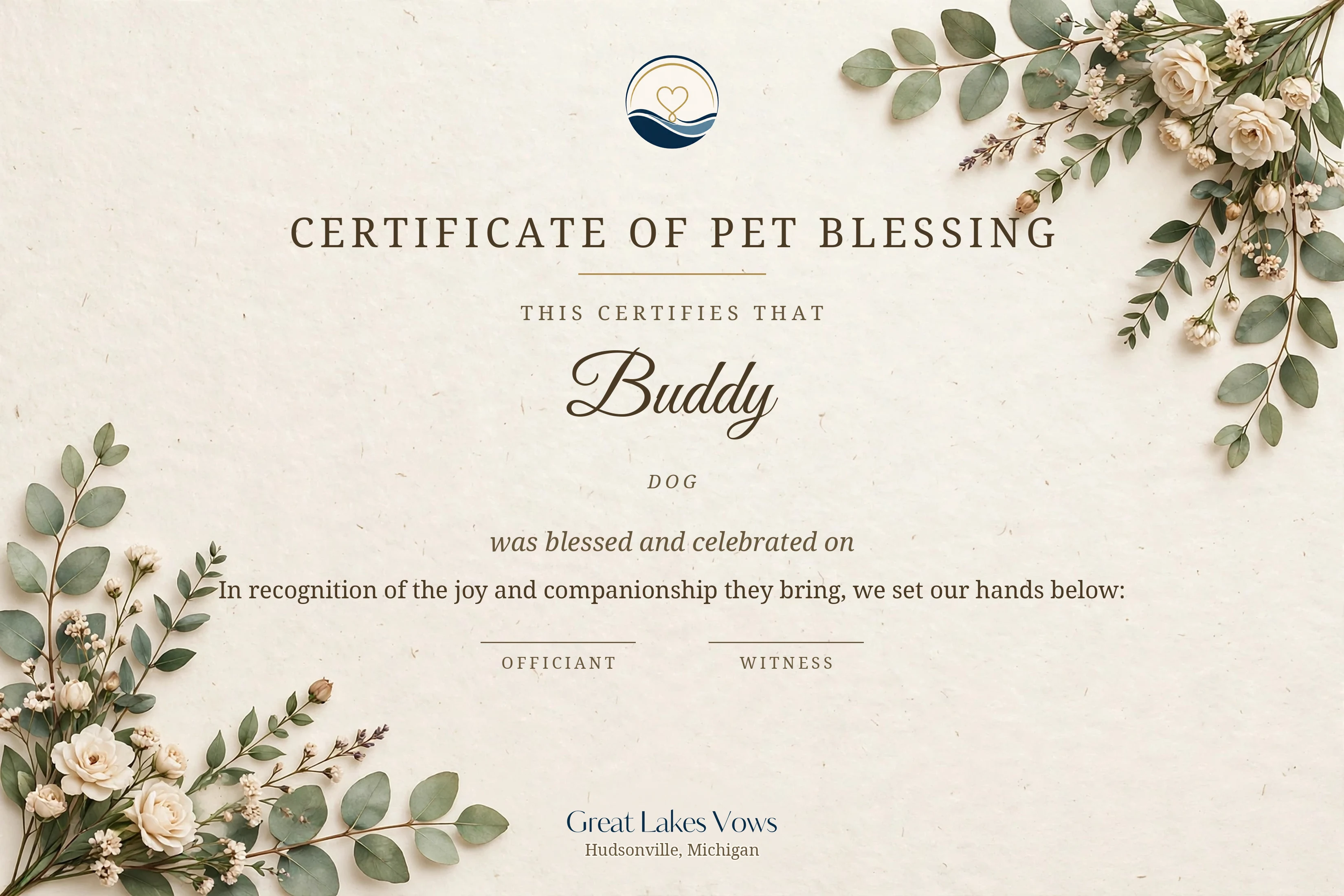 Certificate of Pet Blessing displayed in a digital white mat and black frame mockup
