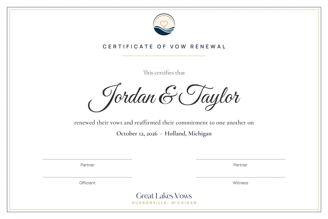 Certificate of Vow Renewal in the Plain Elegant design, shown in a digital white mat and black frame