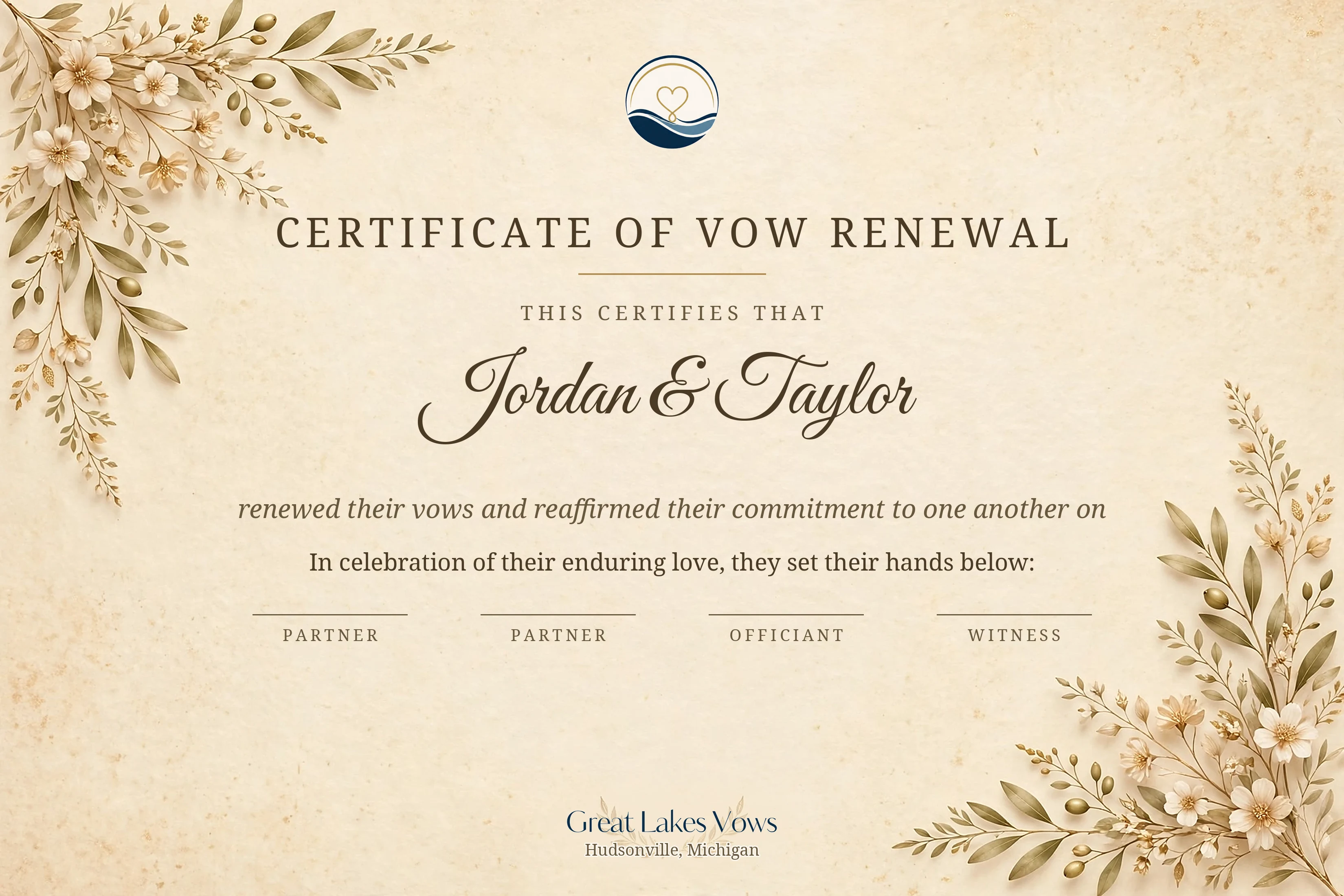 Certificate of Vow Renewal displayed in a digital white mat and black frame mockup