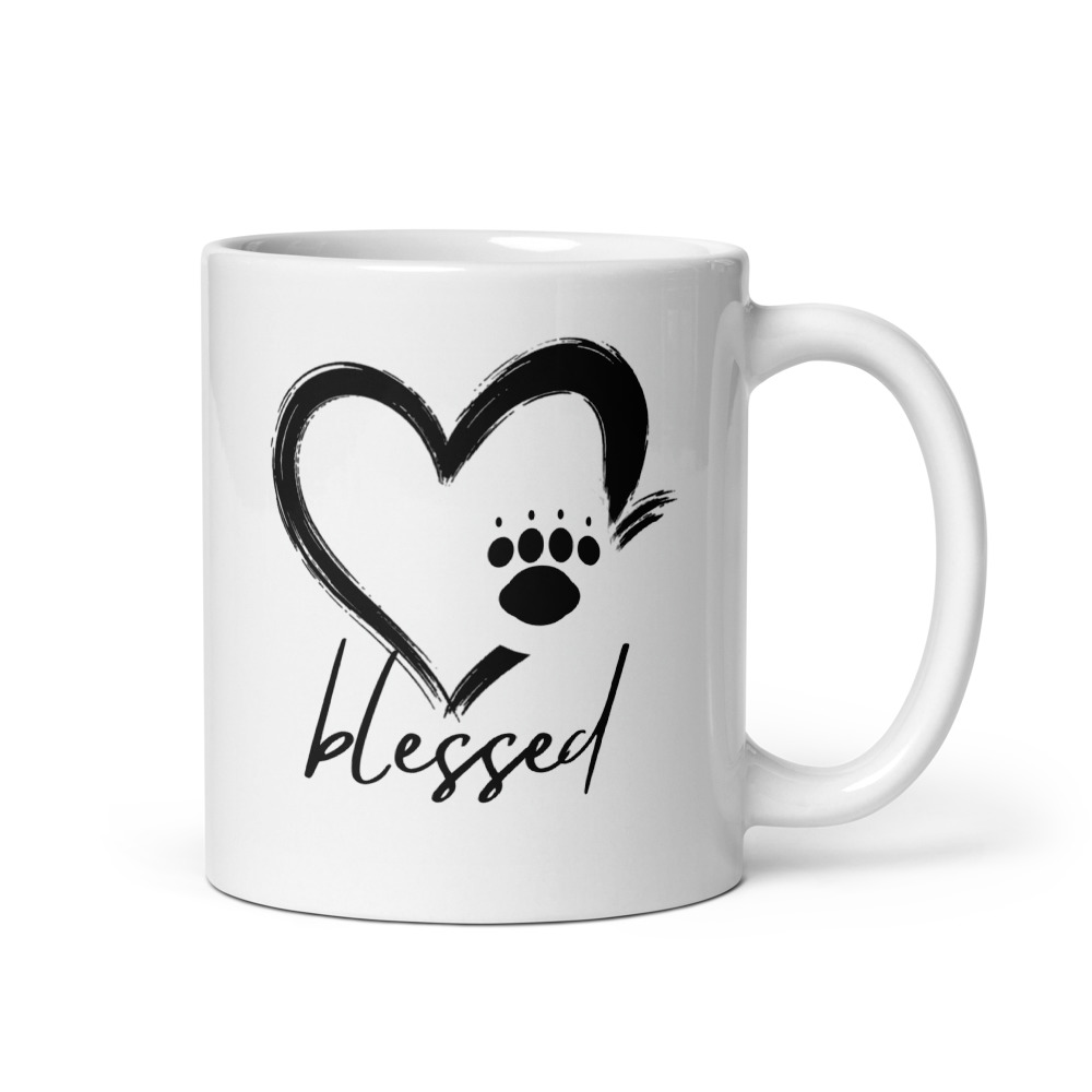 White mug with the Blessed Cat heart-and-paw design in a clean front-facing product photo