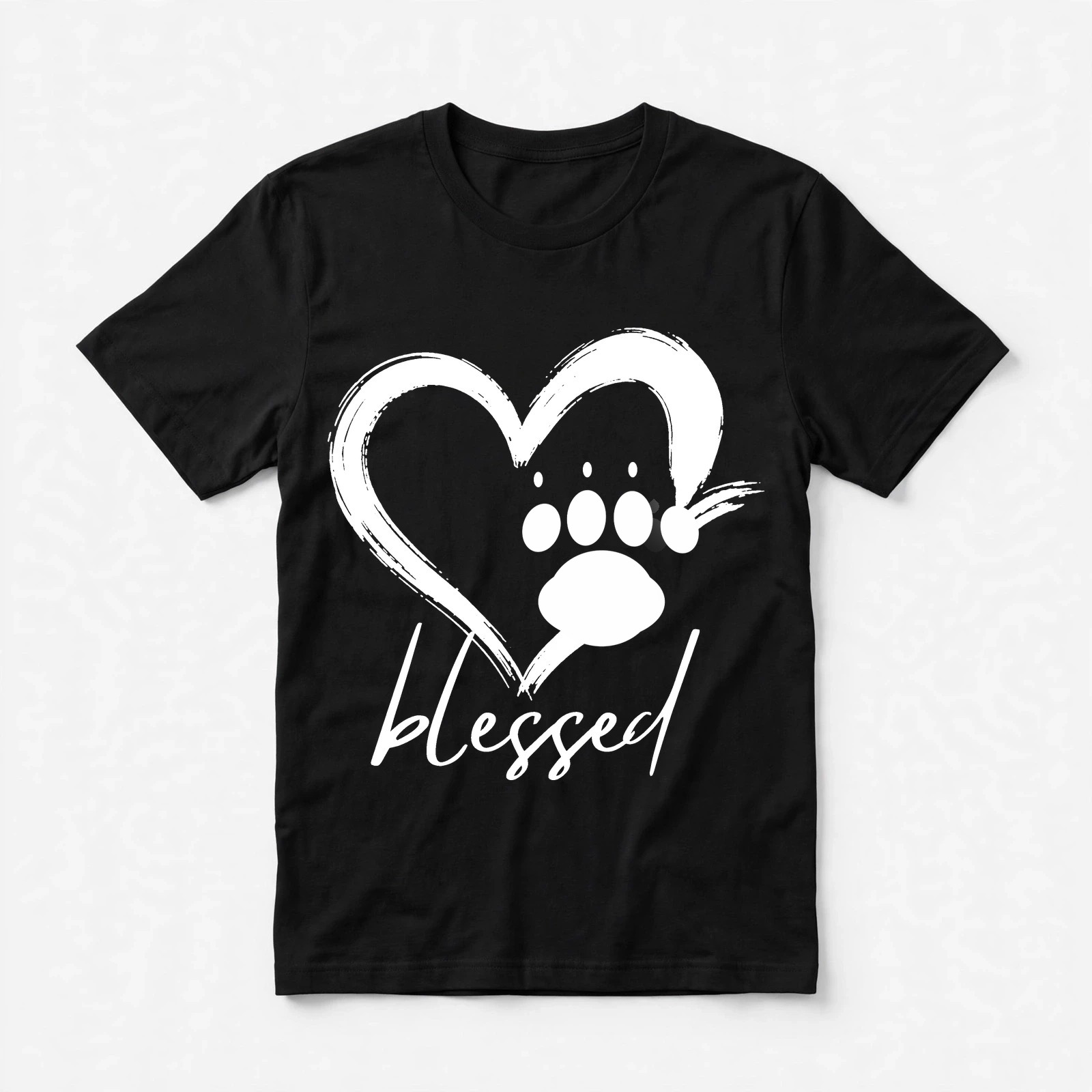 Black tee with the Blessed Cat heart-and-paw design
