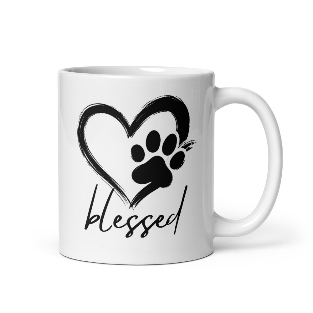 White mug with the Blessed Dog heart-and-paw design in a clean front-facing product photo