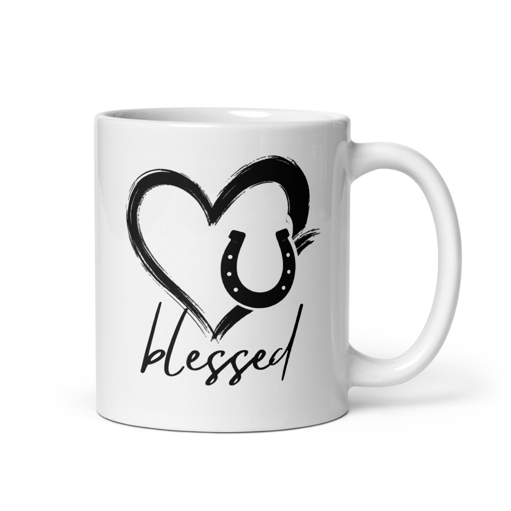 White mug with the Blessed Horse heart-and-horseshoe design in a clean front-facing product photo